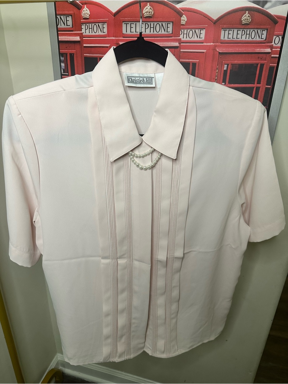 Vintage Christie & Jill Pale Pink Pleated Blouse with Pearl Accent